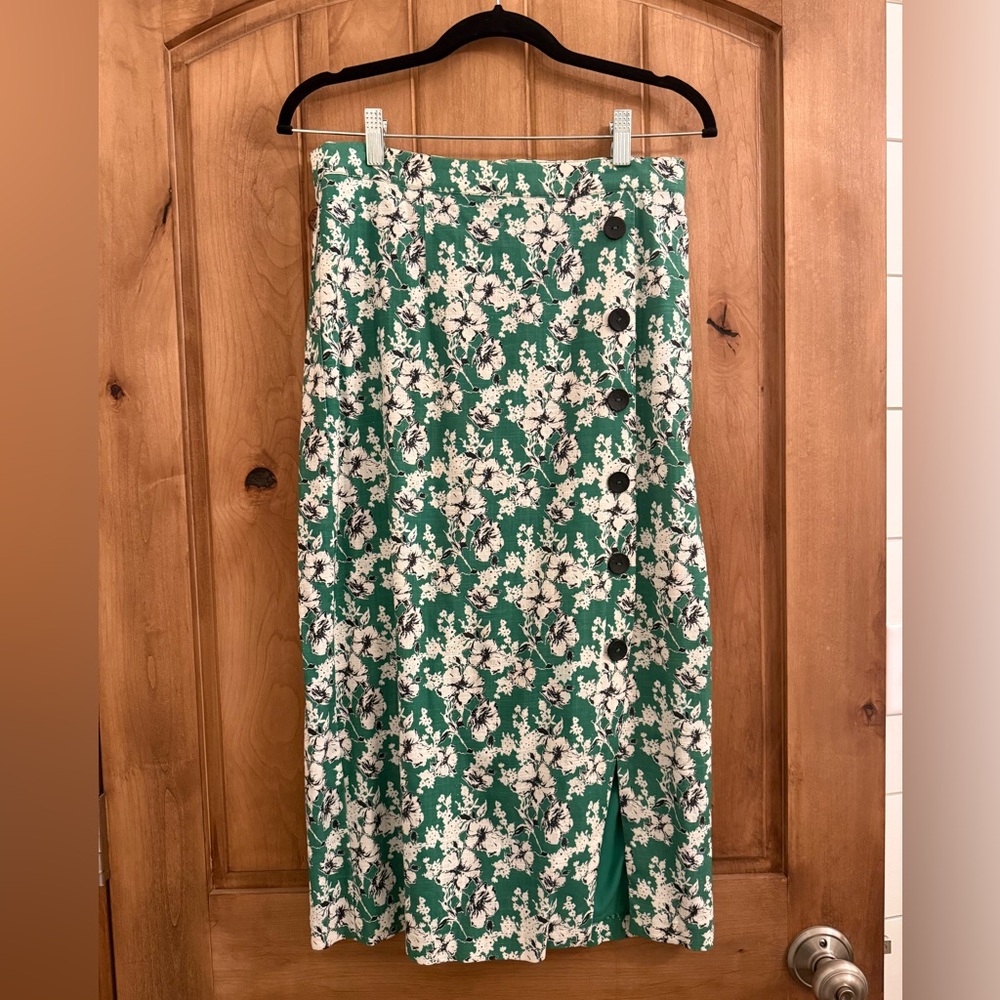 Anthropologie Green Floral Midi Skirt